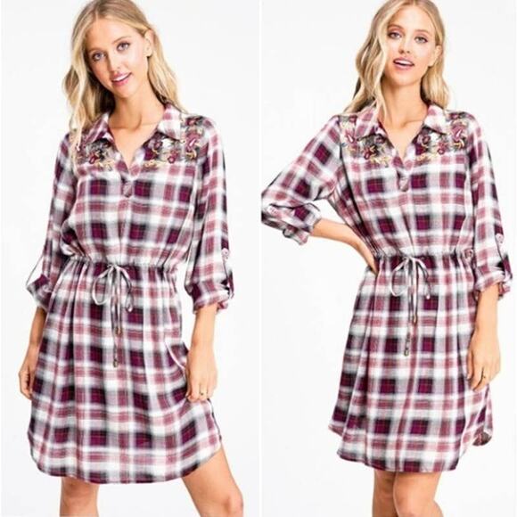 New Skies Are Blue Red Plaid Embroidered Floral Shirt Dress‎ Small - Picture 1 of 7